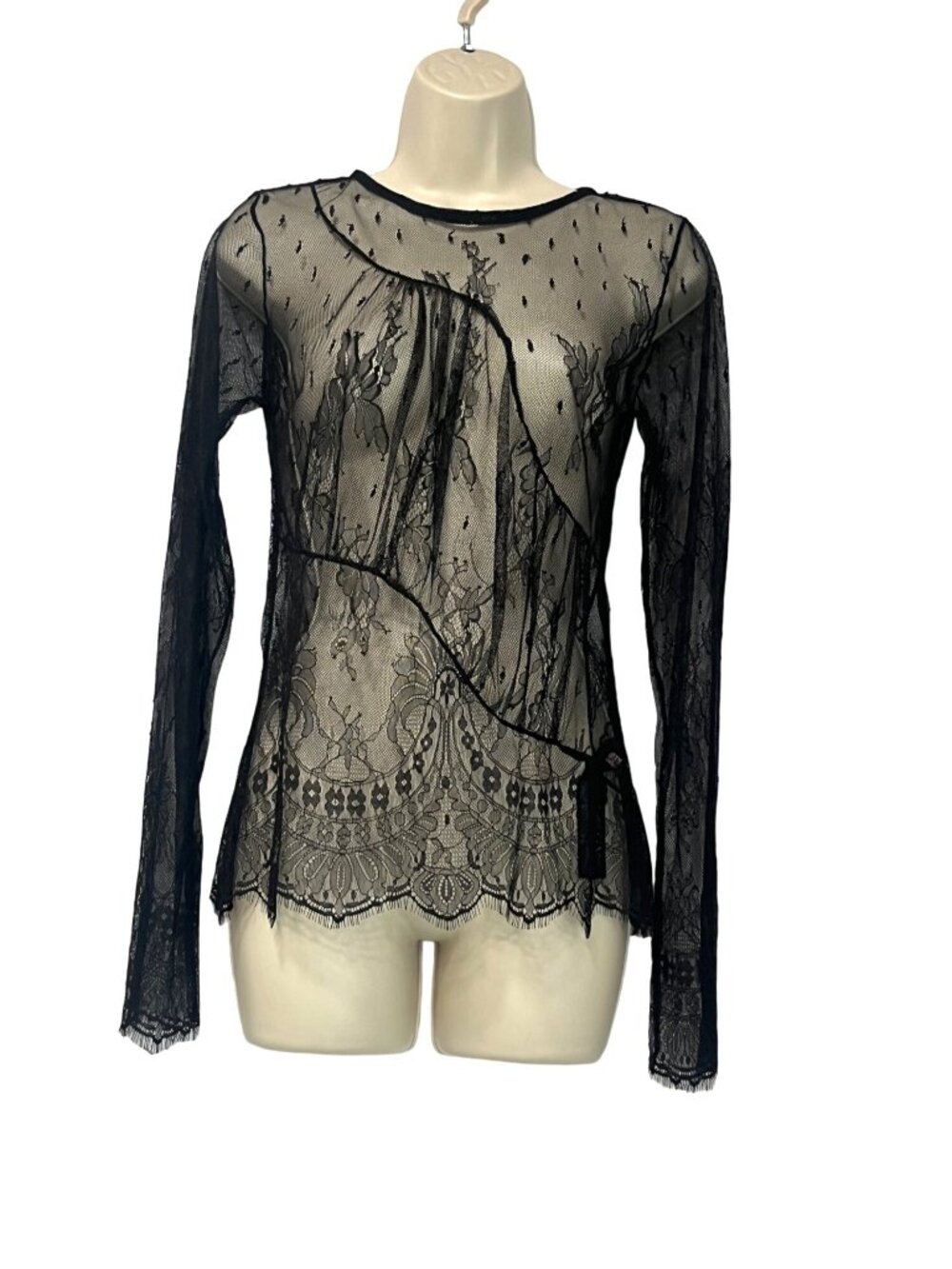 Topshop Lace sleeve eyelash lace shell top in black, 4